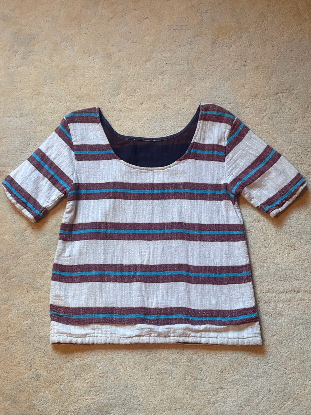 Ace & Jig White Short Sleeve Scoop Neck Top with Teal & Brown Stripes